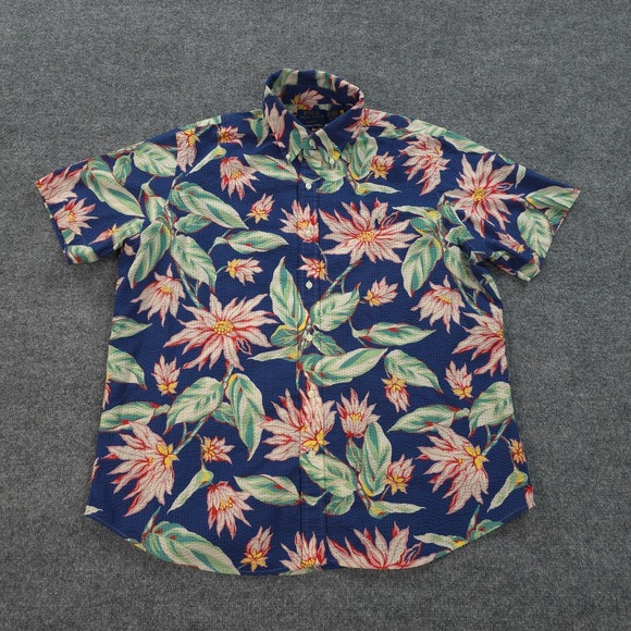 Polo Ralph Lauren Shirt Mens XL Blue Floral Guaranteed To Wrinkle Hawaiian Camp - Picture 1 of 8